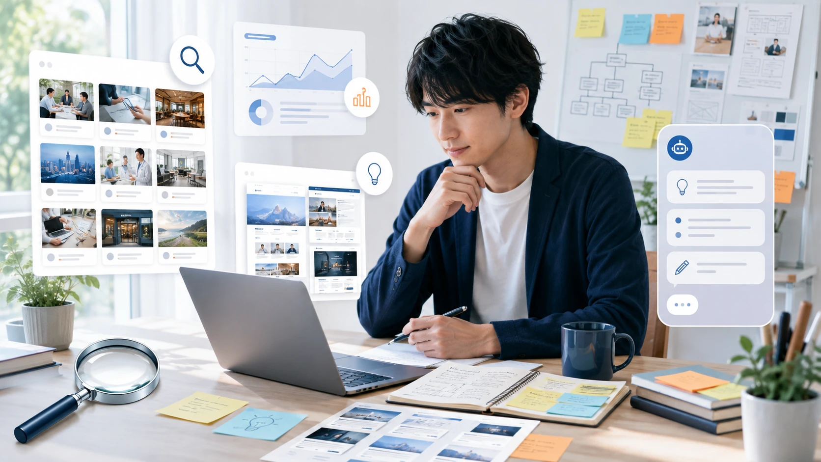 見込み客を調べ、ホームページの提案内容を考える場面