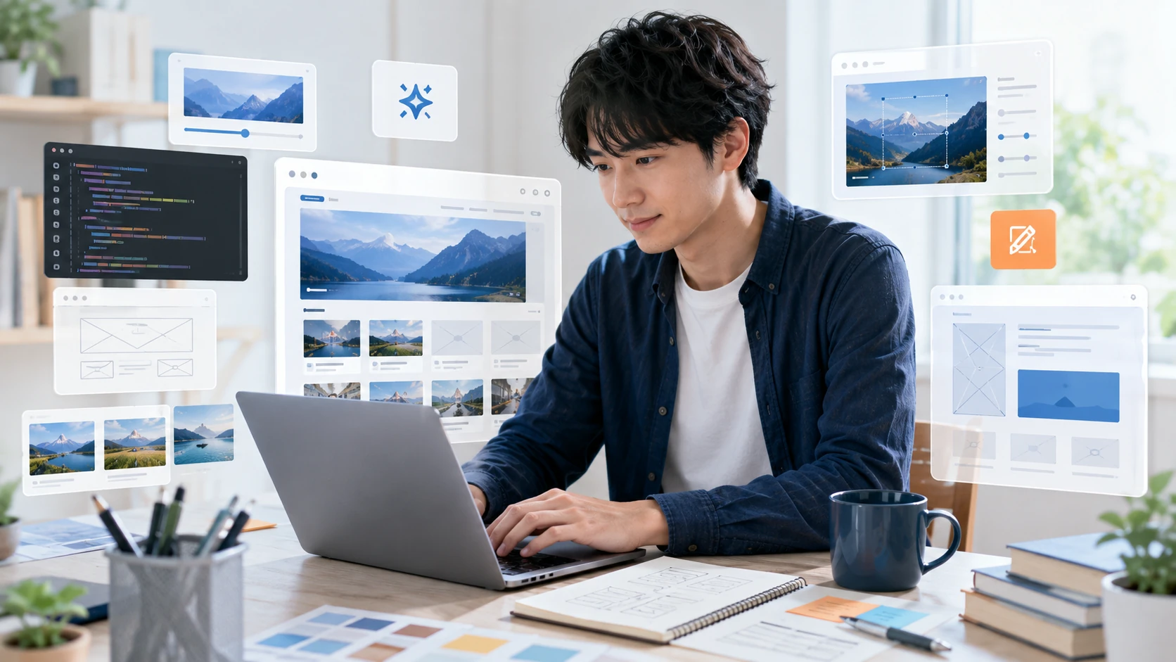 AIを活用して文章や画像を作り、ホームページを制作する場面