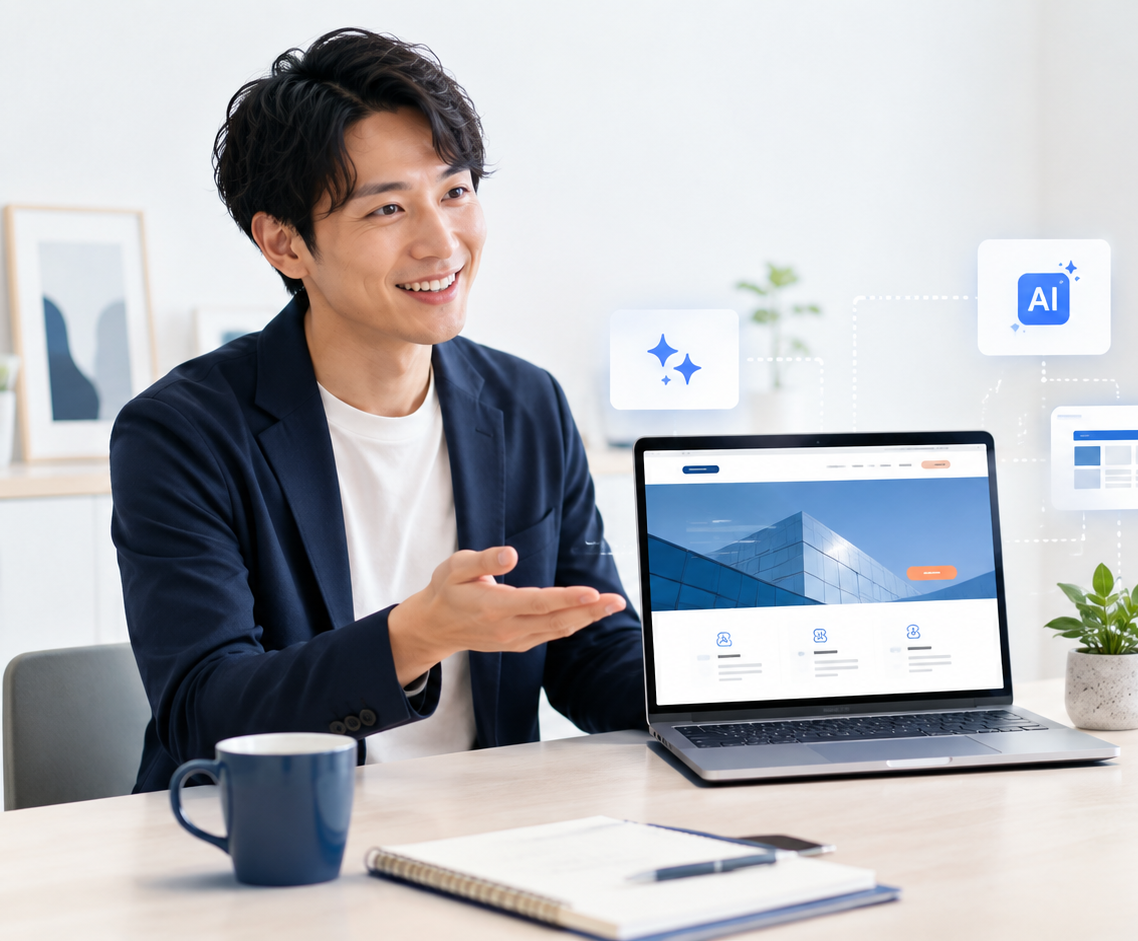 制作したホームページを相手に見せながら提案する男性