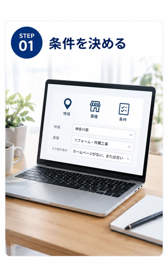 STEP01 地域や業種などの条件を決めるイメージ