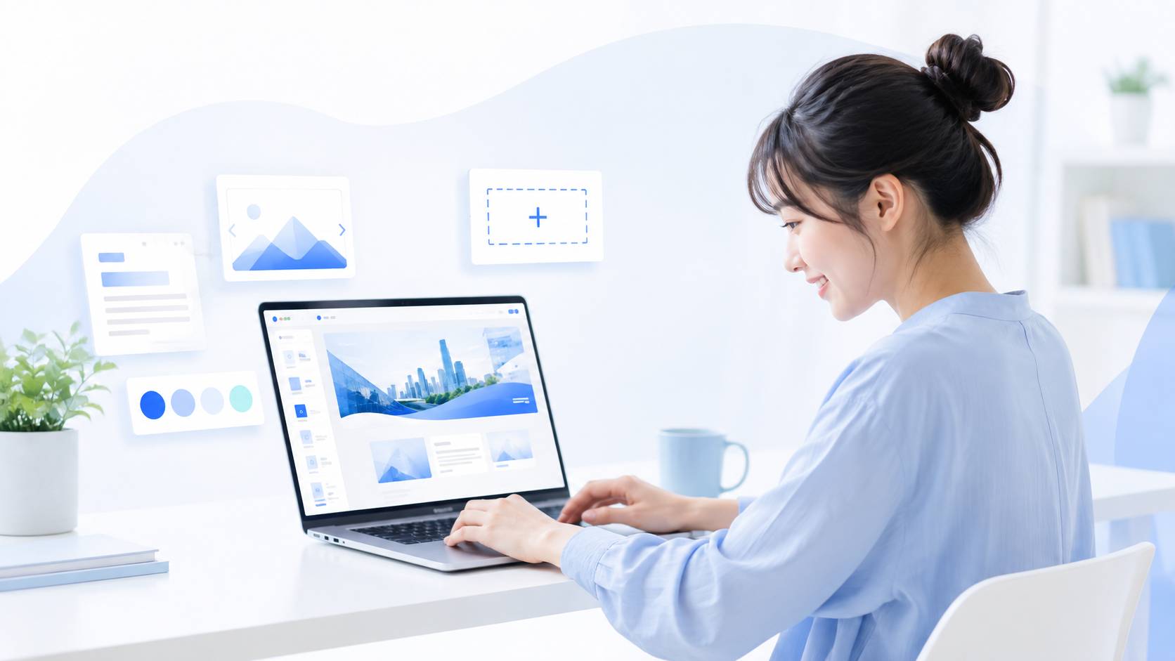明るい部屋でノートパソコンを使ってホームページを作る女性