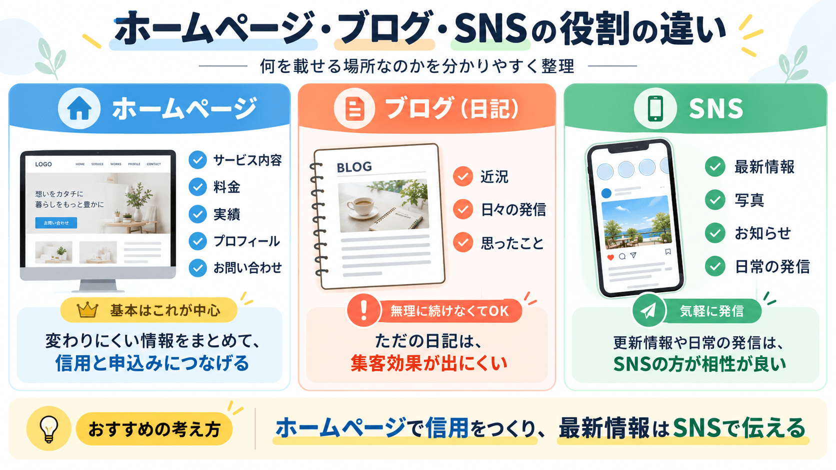 ホームページ・ブログ・SNSの役割の違い
