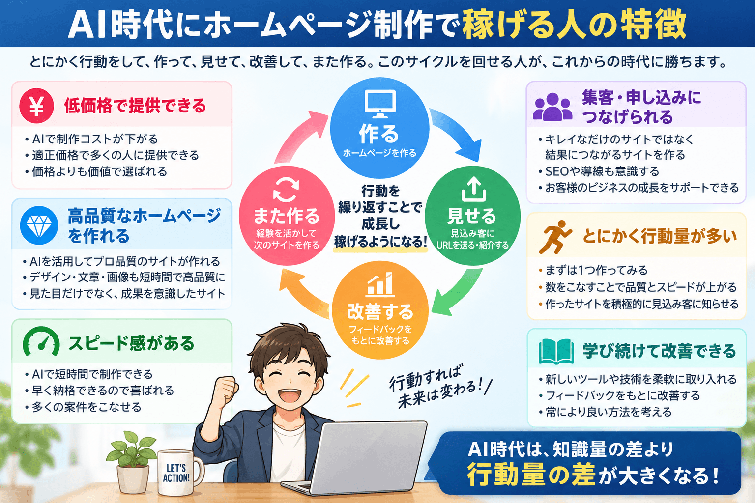 AI時代にホームページ制作で稼げる人の特徴と作る見せる改善する行動サイクル